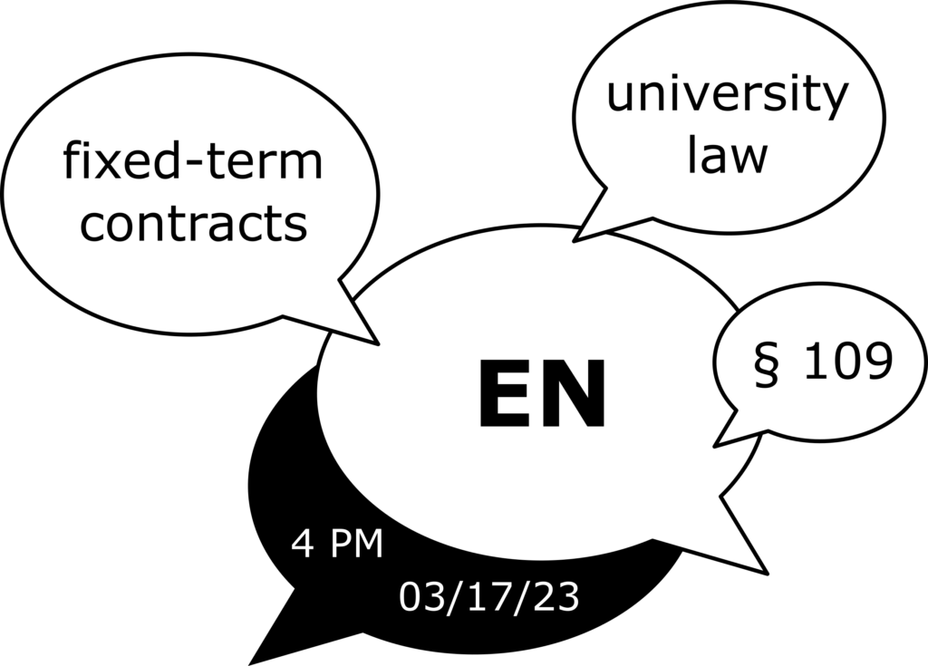 Several speech bubbles, one with EN language symbol, others with "fixed-term contracts", "university law" and "§ 109". Another speech bubble says "4Pm, 03/17/23