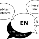 Several speech bubbles, one with EN language symbol, others with "fixed-term contracts", "university law" and "§ 109". Another speech bubble says "4Pm, 03/17/23