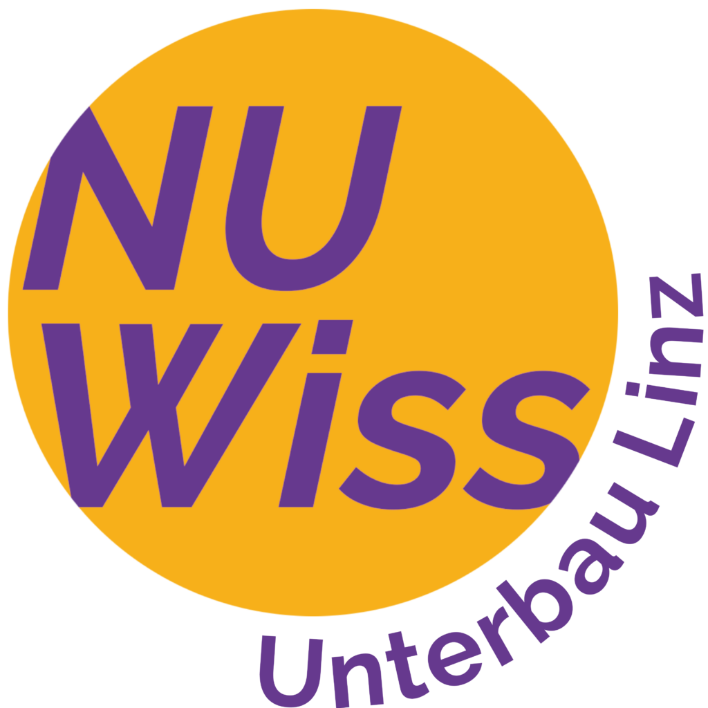 Oranger Kreis mit NUWiss Schriftzug, darunter rund um den Kreis "Unterbau Linz"
